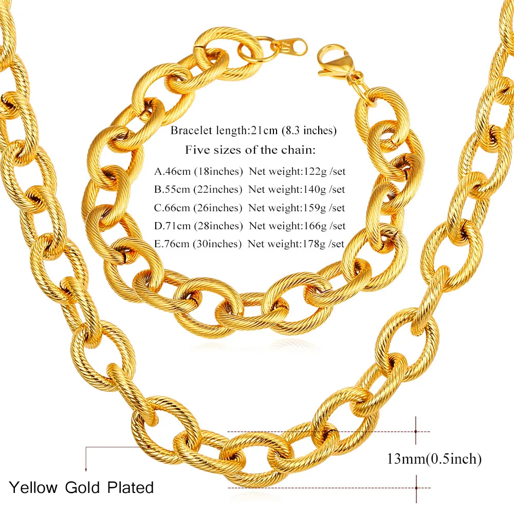 U7 Chunky Big Cable Chain Necklace Bracelet Set For Woman Men Stainless Steel Gold Color Jewelry Sets Trendy S831