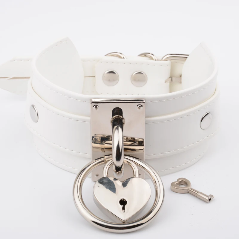 Handmade White Leather Choker Oversized Wide Layered Slave Collar Heart Locket Necklace for Women Girls   Choker