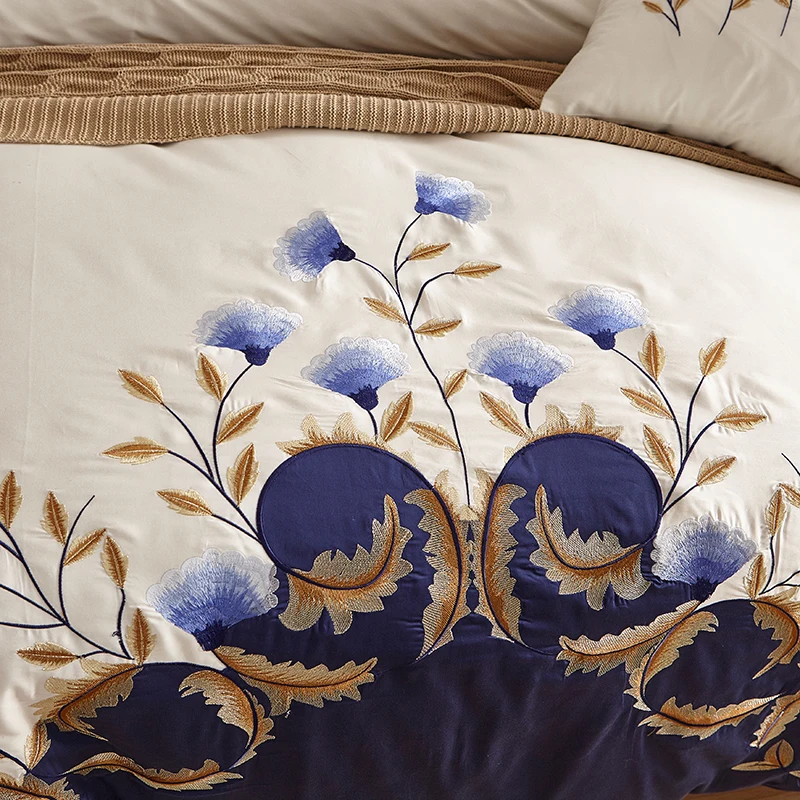 Imagem -04 - Eua King e Queen Size Conjunto de Cama Chic Bordado Branco Azul Luxo Anos 60 Algodão Egípcio Conjunto de Lençóis Capa de Edredão Fronha