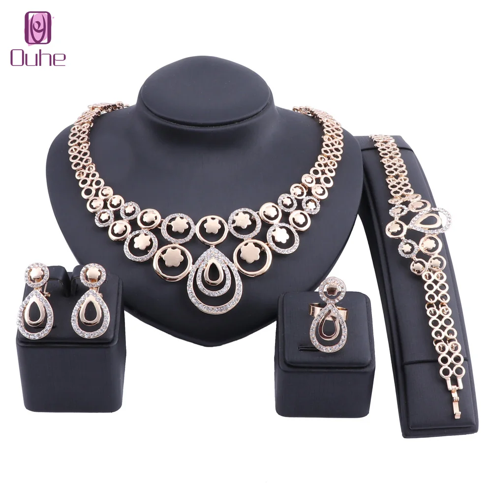 

Women African Jewelry Sets Gold Color Crystal Fashion Bridal Wedding Elegant Romantic Necklace Earring Ring Bangle Jewelry Sets