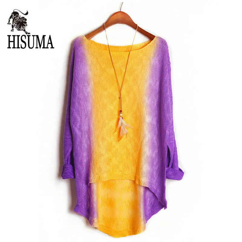 HISUMA 2024 spring autumn New women's O-neck Neon Color Block Bat sleeve Knitted Dovetail Pullovers fairy Basic Sweater