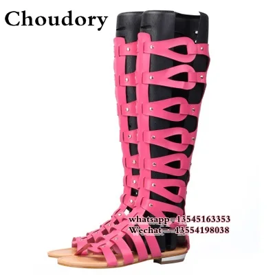 Luxury Brand Designer Knee High Gladiator Sandals Boots Cutouts Back zipper Wedges Gladiator Sandals Women Summer Flat Shoes