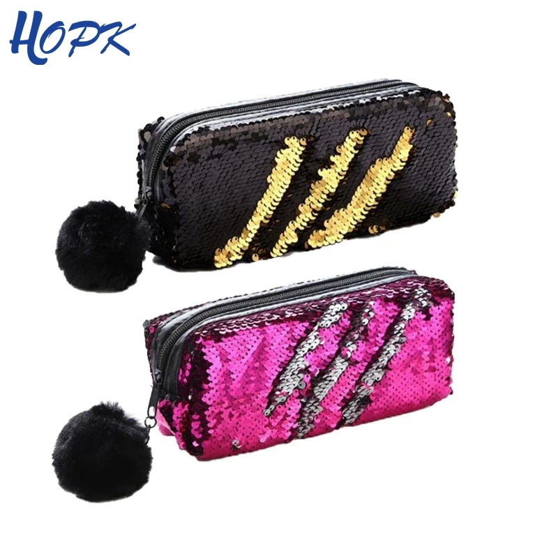 Kawaii School Pencil Case Reversible Sequin Hairball Pencil Case For Girls Cute Pencil Box Student Supplies Stationery Gift