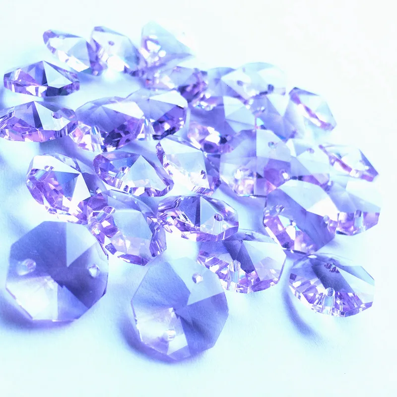 Hot Selling 100PCS/lot 14mm Lilac K9 Crystal Octagonal Beads 2Holes Light Parts Diy Garland Strand ( Free Rings) for Chandeliers