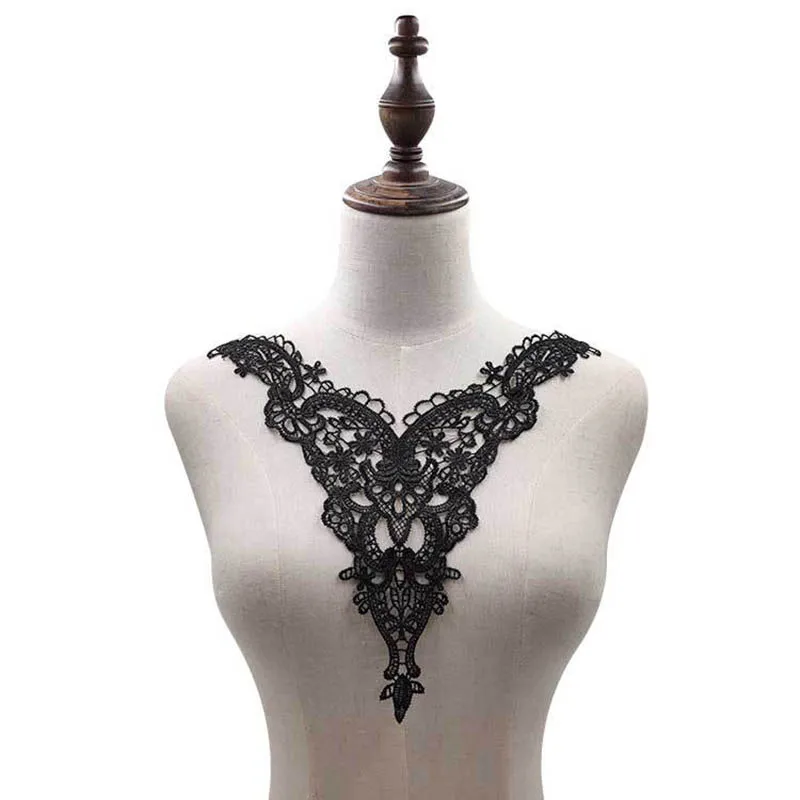 Polyester Applique Lace Fabric Collar Sewing, DIY Embroidery Lace Neckline for Dress Decoration, Black and White Fashion, 1Pc