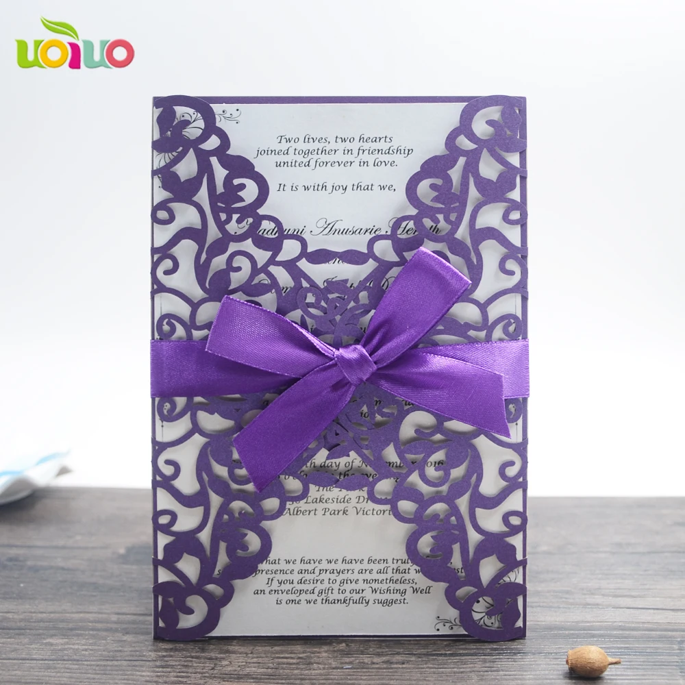 

50set inc147 Sample Purple Laser Cut Hollow Wedding Invitation Card can Customized Printing & Ribbon Envelopes