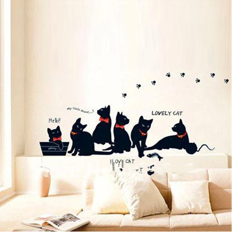 Vinyl Wall Stickers Wallpaper Animal Cartoon Black Cat Family Living Room Sofa Wall Decals House Decoration Poster Home Decor