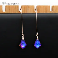 S&Z DESIGN New 585 Rose Gold Color Long Colorful Water Drop Crystal Dangle Earrings For Women Wedding Fashion Party Gift