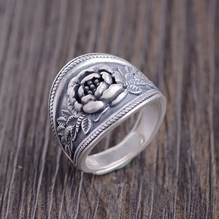 

100%S990 fine silver antique craft female fashion wholesale blooming flowers Thai silver ring