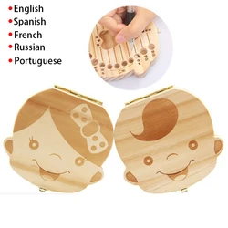 Spanish/English/Portugal/French/Russia Baby Wood Tooth Box Organizer Milk Teeth Storage Collect Teeth Umbilica Lanugo Save Gifts