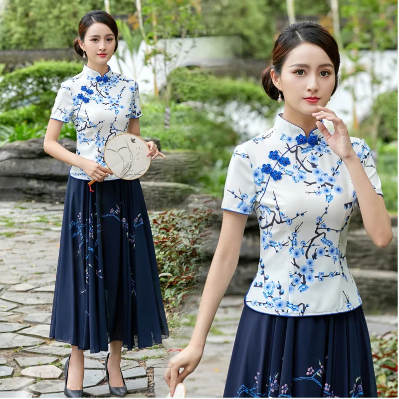 SHENG COCO Chinese Style Shirts Qipao Tops Ladies Classic Cheongsam Blouse Plum Flower Oriental Printing Qipao Shirt Hanfu