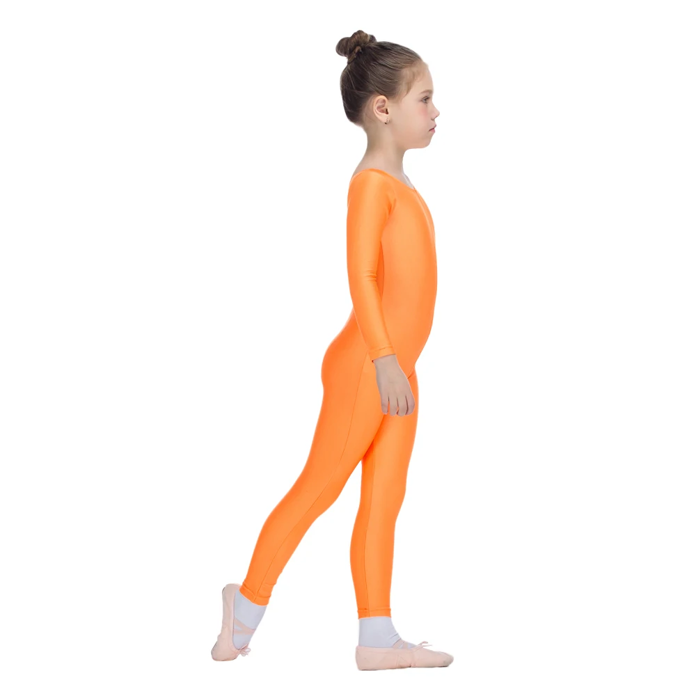 Ballet Unitards Oranje Glanzende Stof Lange Mouw Voor Kinderen En Meisjes Dansen En Gymnastiek Catsuit