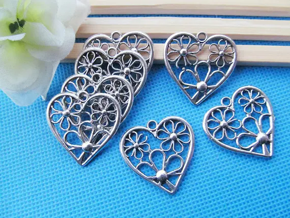 

50pcs Antique Silver tone Filigree Hollow Flower Heart Connector Pendant Charm/Finding,DIY Accessory Jewelry Making