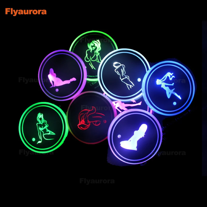 2 Pieces LED Cup Holder Pads Light Mats Bottle Coasters 7 Colors Car Logo LED Atmosphere Light Sexy Girls Sticker Beauty