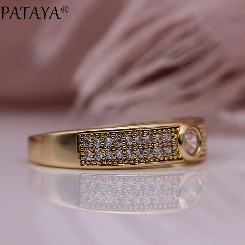 PATAYA New Micro-wax Inlay Luxury Women Rings 585 Rose Gold Color Wedding Fine Fashion Jewelry White Round Natural Zircon Ring