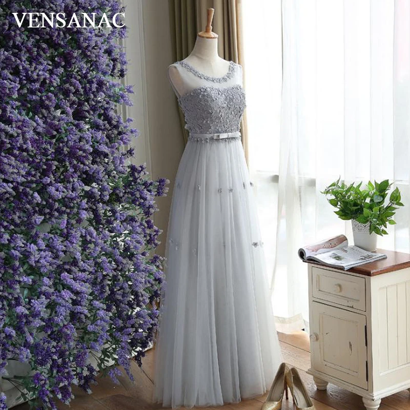 

VENSANAC 2018 A Line Bow Sash Sheer O Neck Long Evening Dresses Tulle Elegant Flowers Beadings Party Prom Gowns