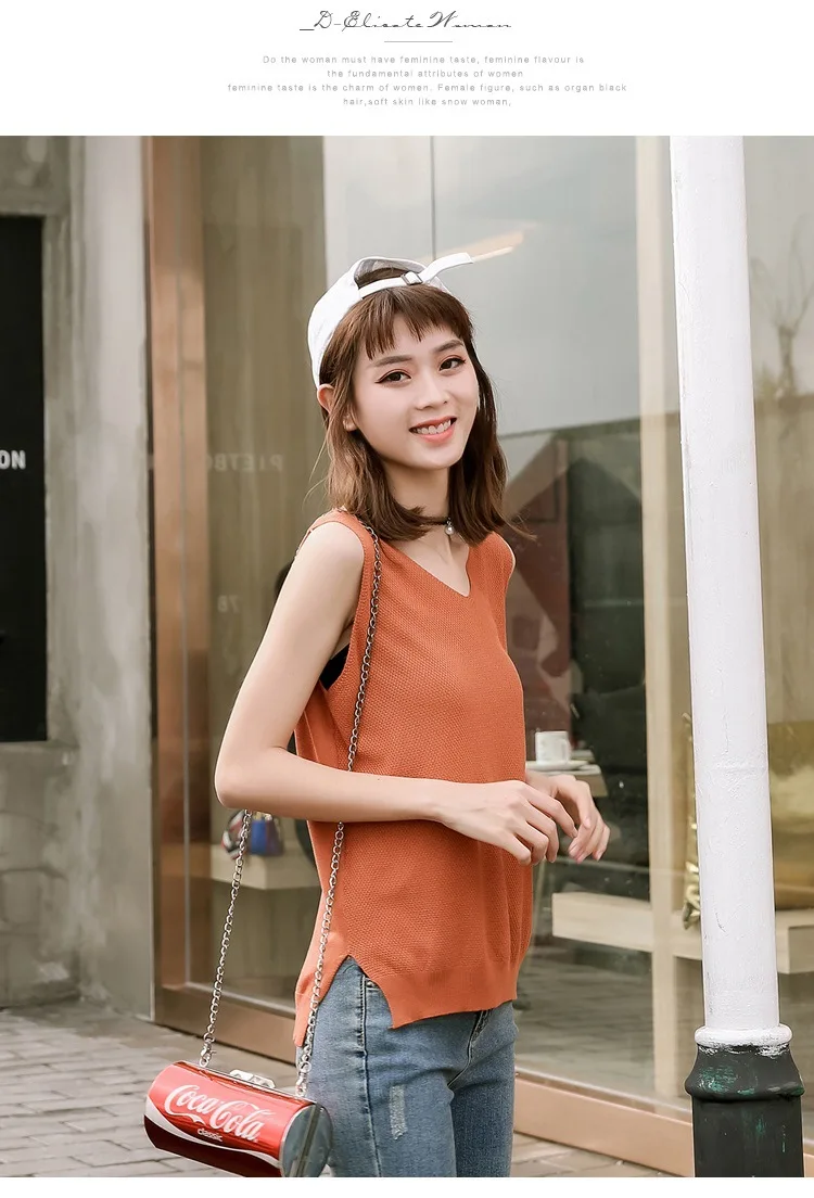 Split Side Ice Silk Summer Spring Harajuku Knit Tank Top Cami Korean Camisole Elastic Vest V Neck Solid Color New Bottoming Tops