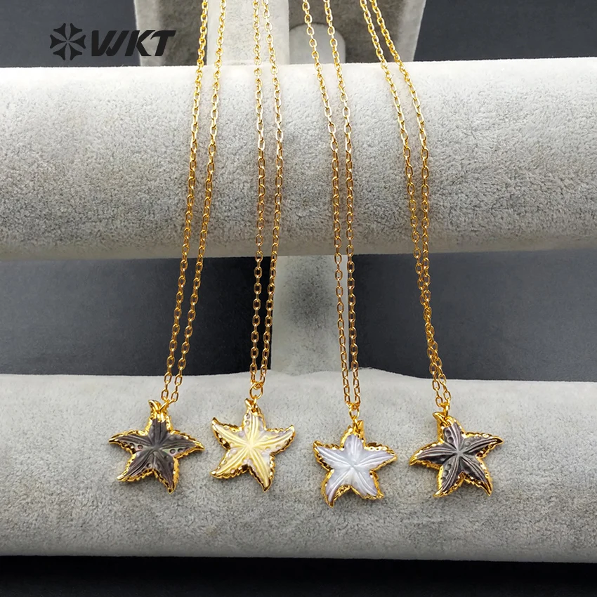 WT-N993 Wholesale fashion jewelry natural sea shell necklace High quality star shape shell with 24k gold electroplate