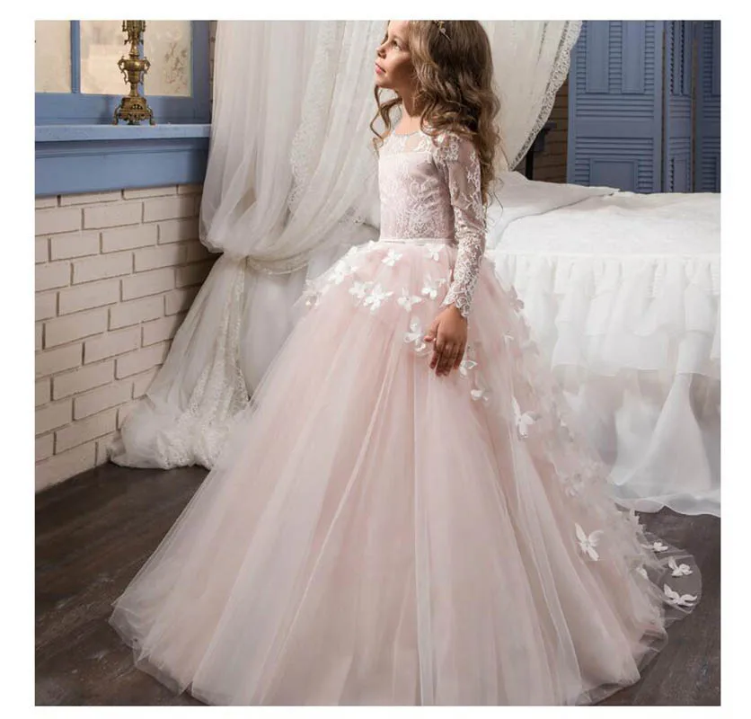 Nuovo pizzo a maniche lunghe con Appliques Tulle Flower Party Ball Gown abiti da ballo ragazza principessa per abito da sposa formato personalizzato