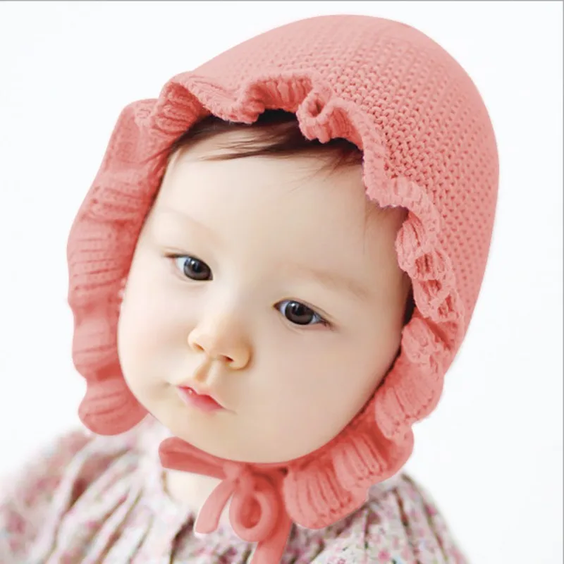 Spring Newborn Baby Hats Handmade Wool Ear Knitting Hats Monolayer Lotus Leaf Yarn Warmer Caps Kids Hats New Unisex