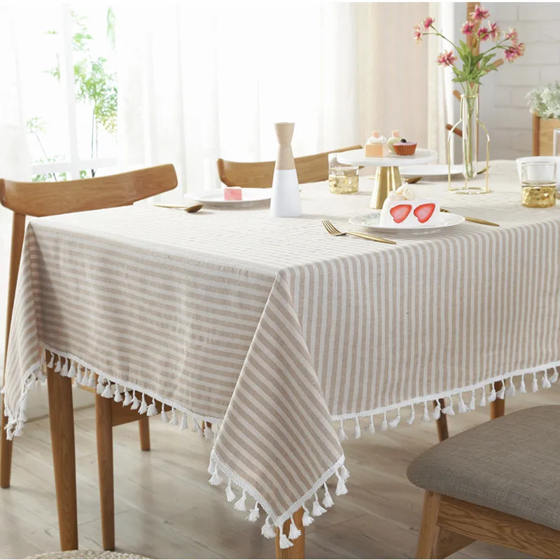 CFen A\'s Quality Dining Tablecloth Rectangle Cotton Linen Stripe Print Table Cloth Tassels Home Kitchen Banquet Table Cover 1pc