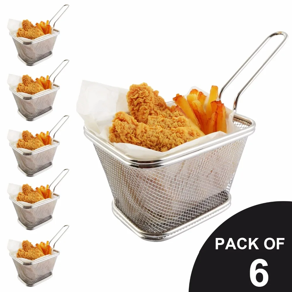 

New 6 Pack Chips Fry Baskets Stainless Steel Fryer Basket Strainer Serving Food Presentation French Fries Basket Kitchen Tools