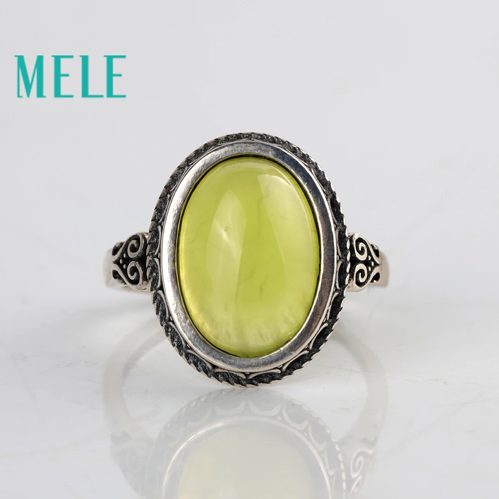 MELE Natural Yellow Prehinte 925 sterling silver rings for women and man,10X14 Oval cut Vintage carving style fashion jewelry