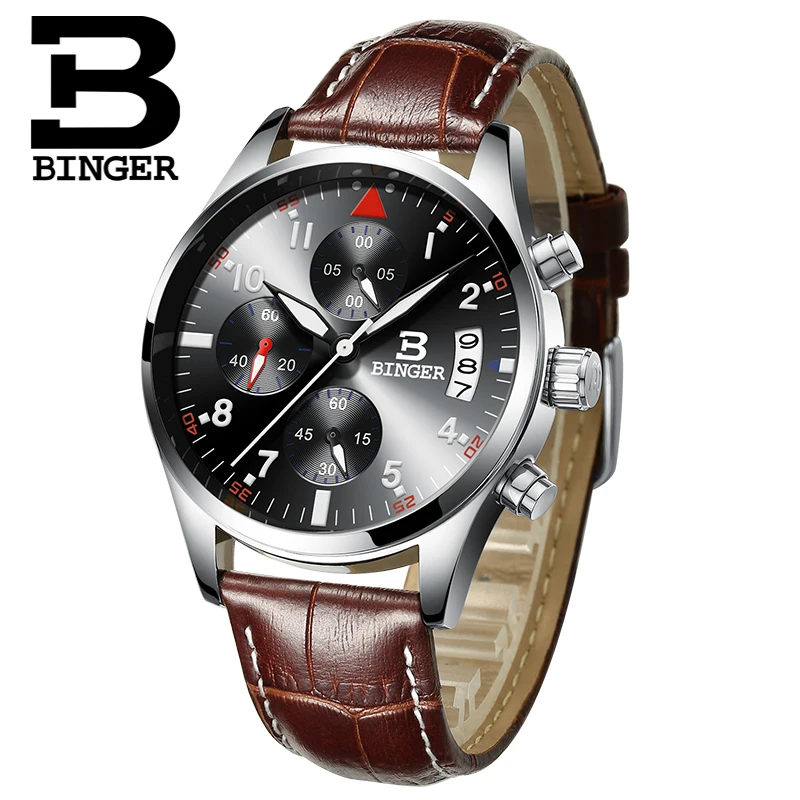 BINGER Brand Sport Men Watch Top Brand Luxury Male Leather Waterproof Chronograph Quartz Military Wrist Watch Men Clock Gift