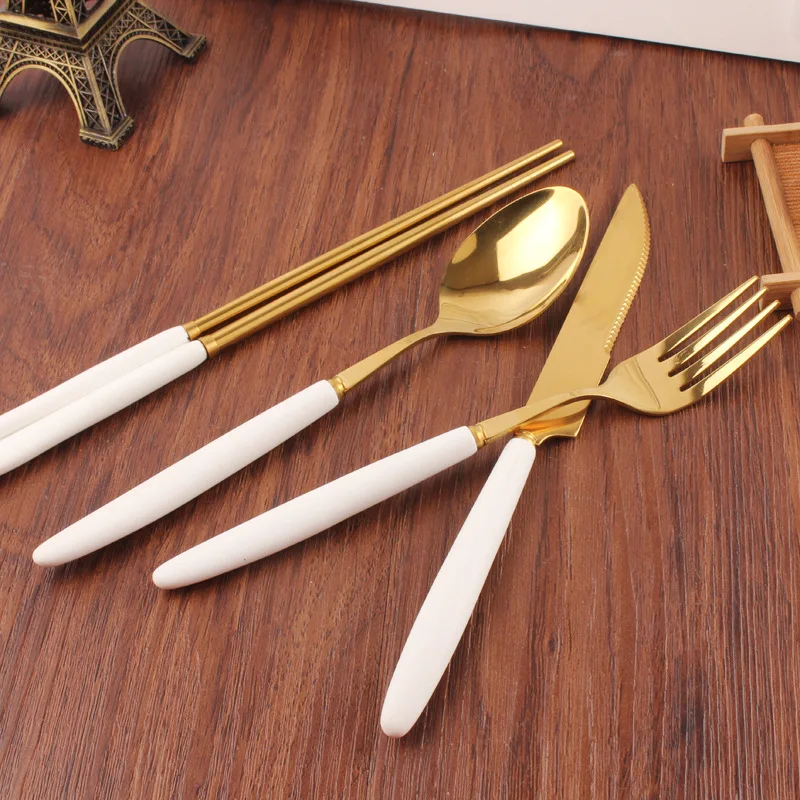 Elegant Gold Scoop Cutlery Set, Western Fork, Food Dinner Tools, Knife, Chinese Chopsticks, Full Set, Luxury Christmas Gift, 4Pc