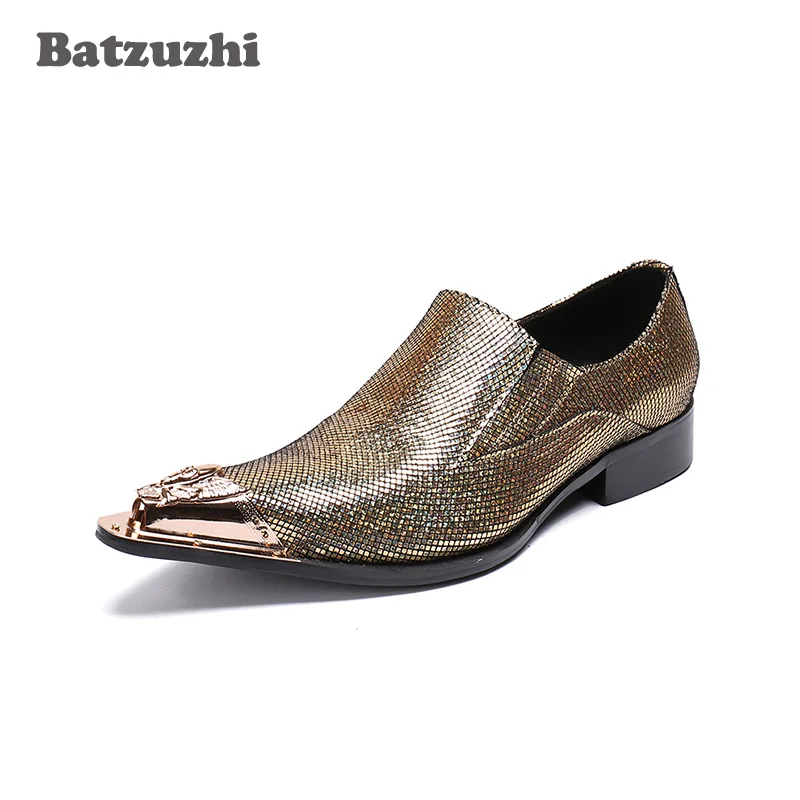 Batzuzhi Handmade Erkek Ayakkabi Men Shoes Brown Glitter Pointed Toe Genine Leather Dress Shoes Men Business, Party! Size 38-46