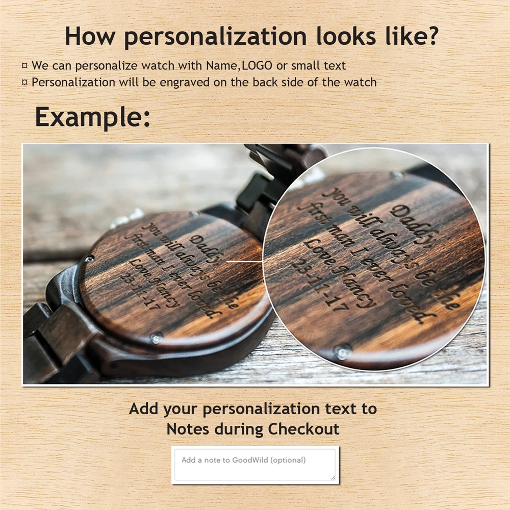 Personality Design Logo Write Your Message Carved Customize Black Sandalwood Wooden Watch Laser Print Contains watches Gifts