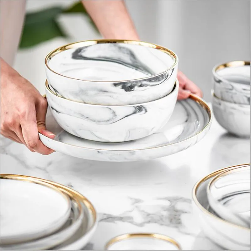 Gold Marble Ceramic Food Tray Kitchen Dinner Plates Dishes Rice Salad Noodles Soup Bowl Spoons Kitchen Cook Tool