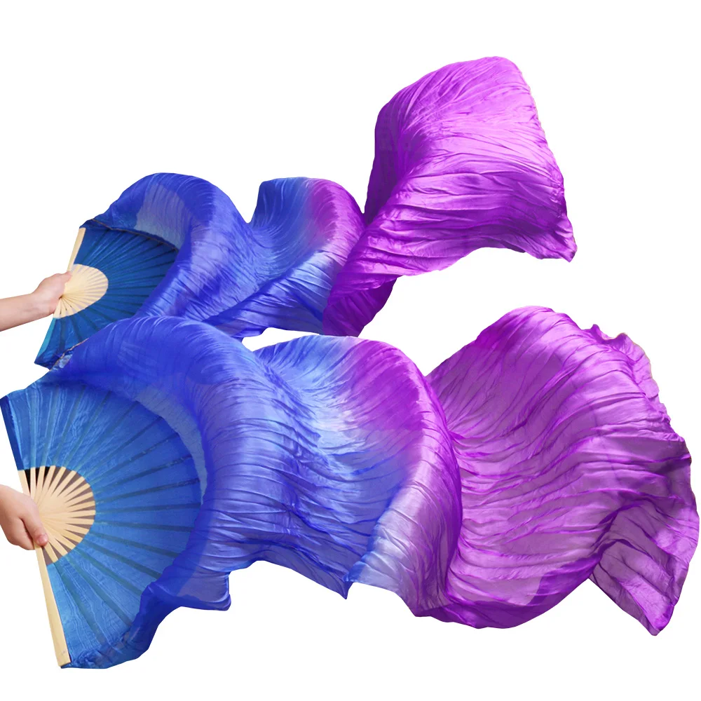 High Quality 100% Real Silk Veils 1 Pair Handmade Dyed Women Belly Dance Silk Fans Dabce Performance Props Blue+Purple 180*90 cm