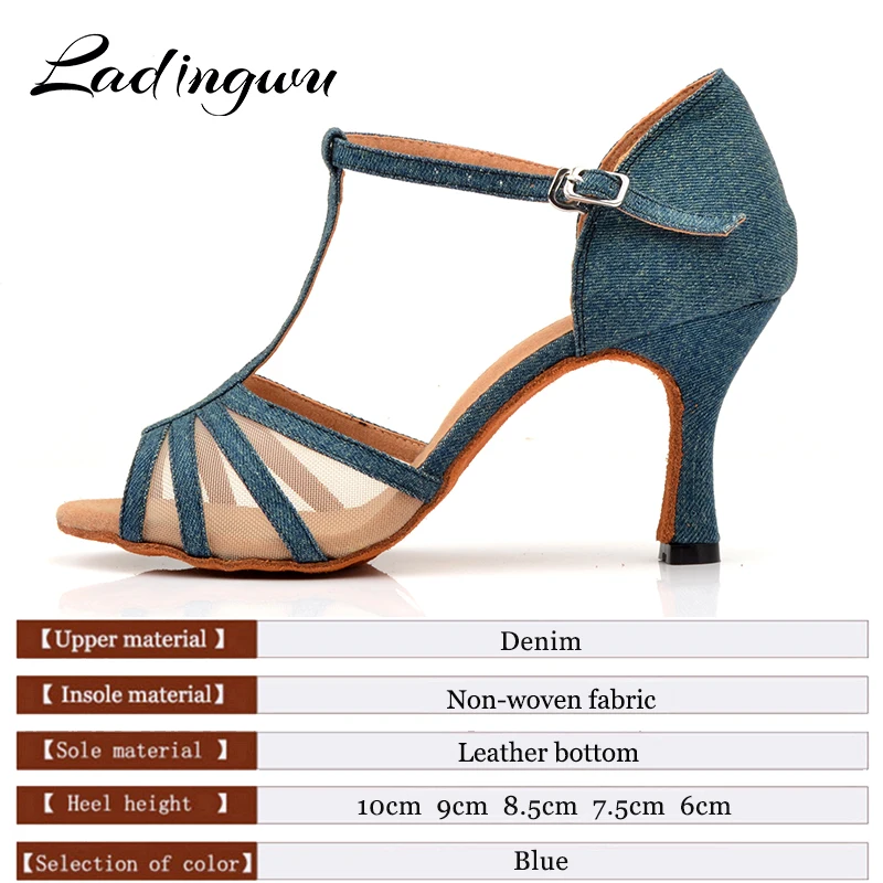 Ladingwu New Denim And Net Latin Dance Shoes Woman\'s Comfort Professional Salsa Shoes Dancing Cuba Heel Dance Shoes sandals