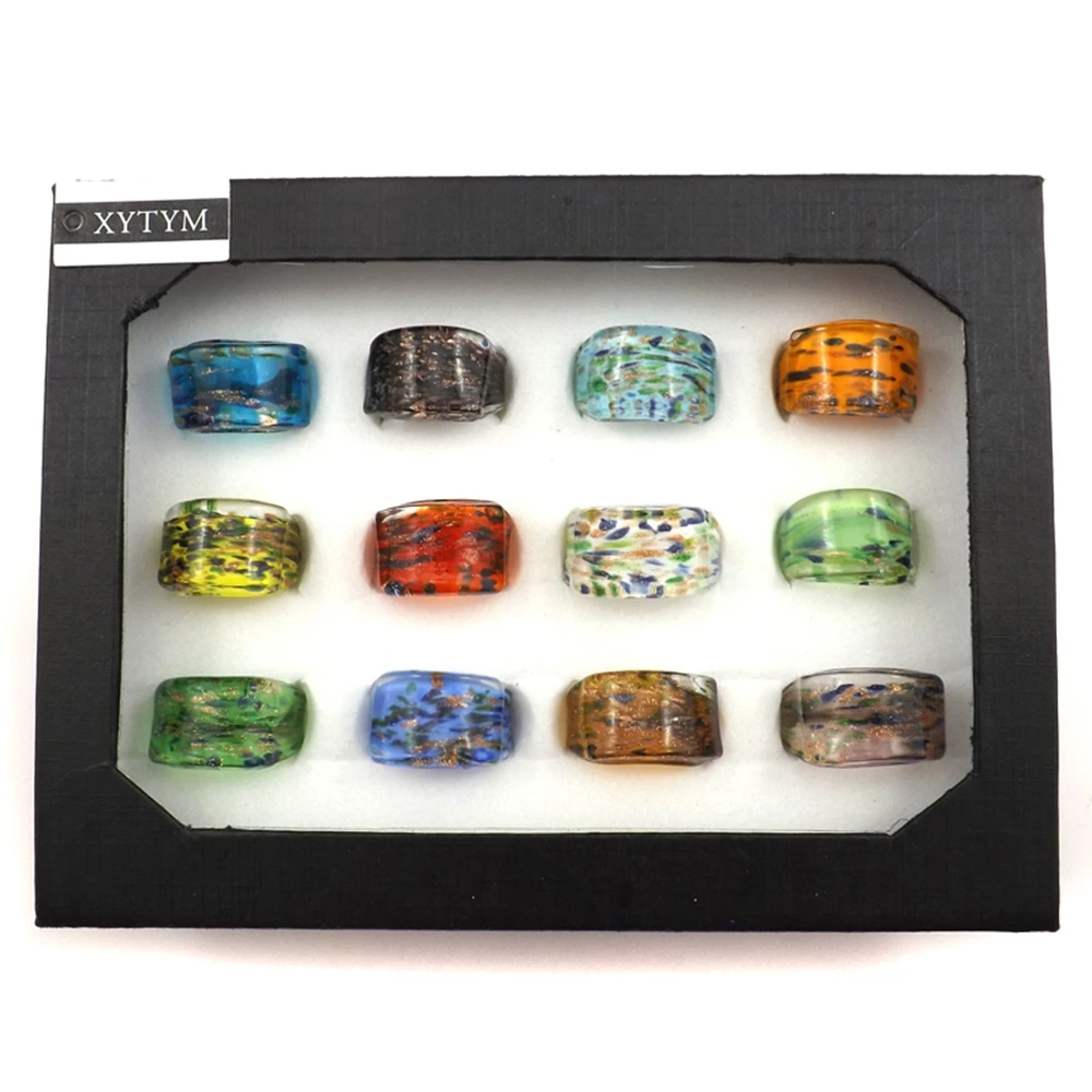 Wholesale 12pcs Handmade Colorful Foil Spot Glass Rings Match With Clothes, Unique Murano Glass Jewelry