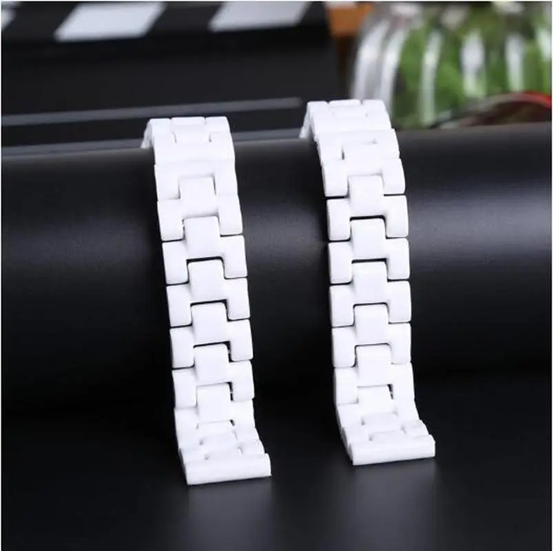 14mm 16mm 18mm White Ceramic Watchband Watchstrap Wristband Bracelet with Stainless Steel Buckle for Women Men