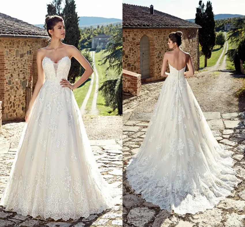 

New Arrival A Line Wedding Dresses 2019 Sexy Sweetheart Sleeveless Backless Appliqued Bridal Country Garden Wedding Gowns