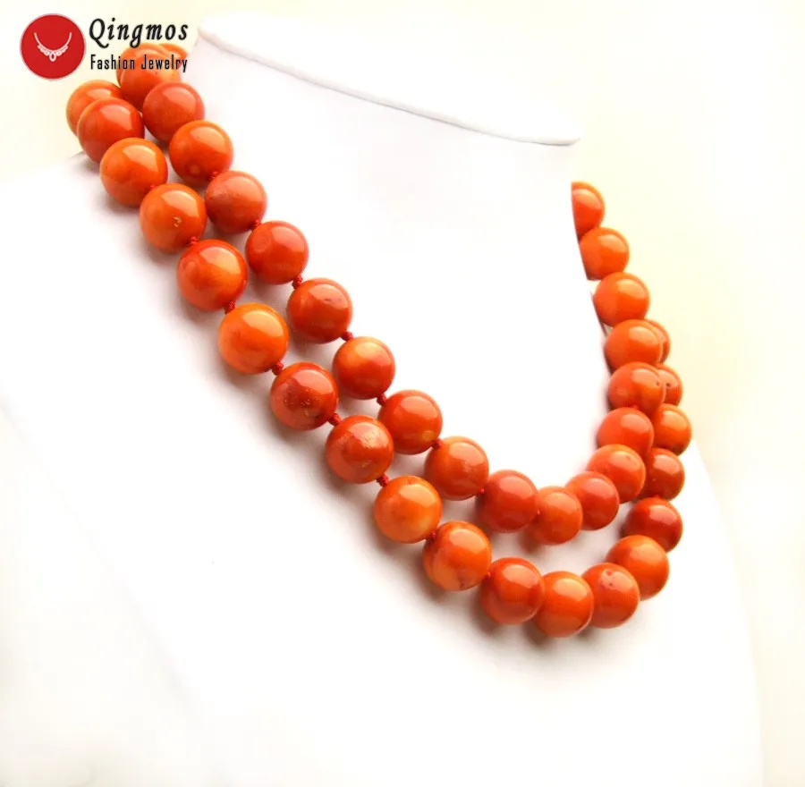 

Qingmos Trendy Natural Orange Coral Necklace for Women with 14-15mm Round Coral Necklace 2 Strands Jewelry Chokers 17-19" ne6506