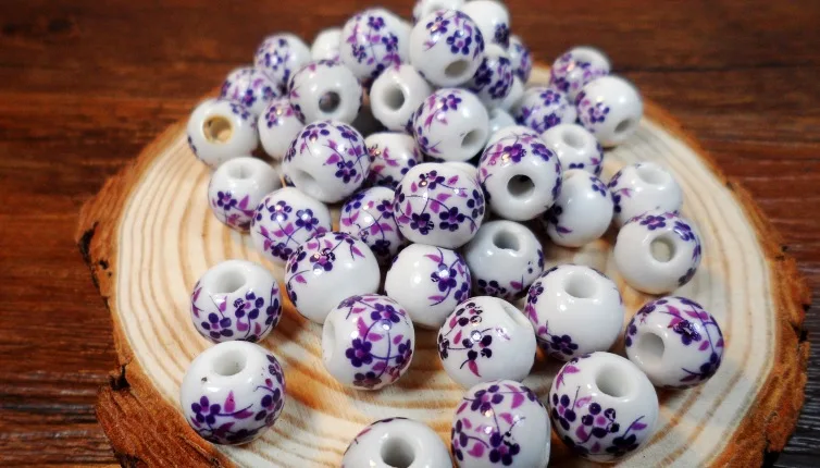 SAUVOO 50Pcs Handmade Blue And White Porcelain Beads 10mm Big Hole Flower Pattern Big Large Hole Ceramic Beads for DIY Jewelry