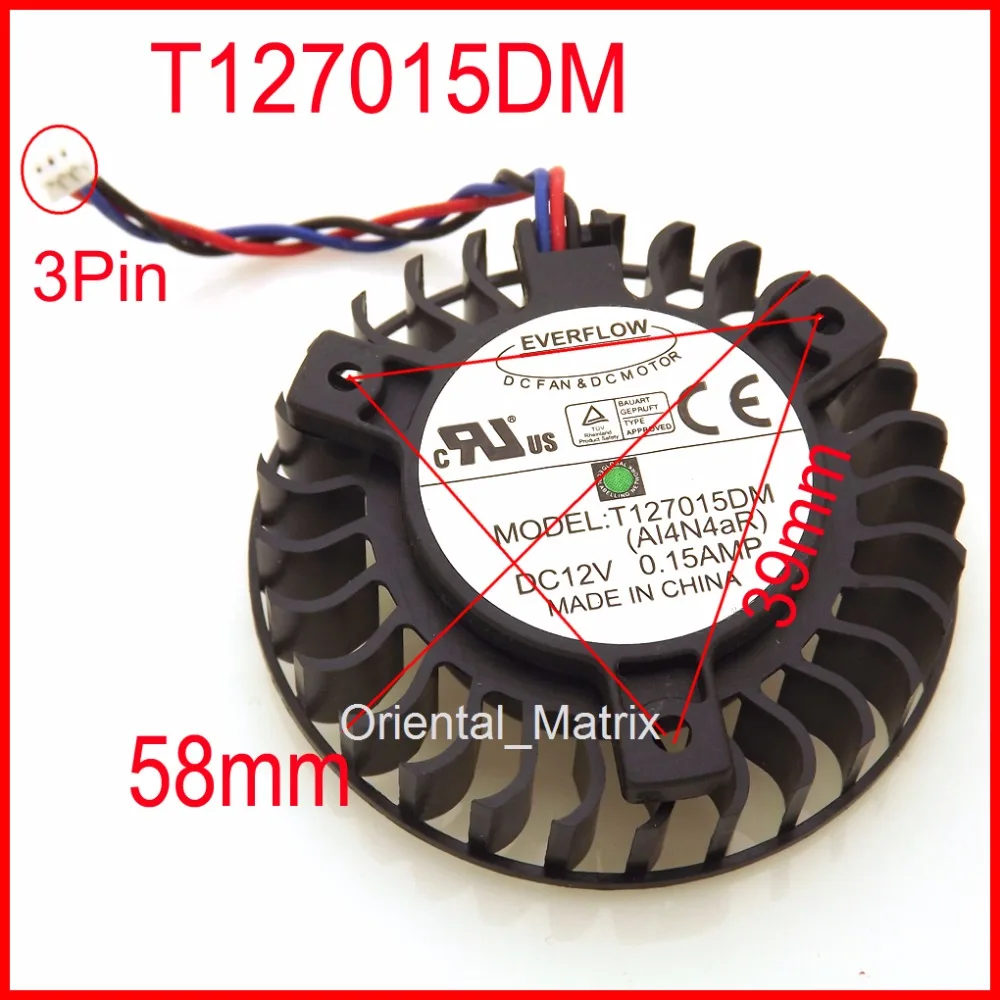 T127015DM 12V 0.15A 3Pin 58mm 39x39x39mm For ASUS Graphics Card Cooler Cooling Fan