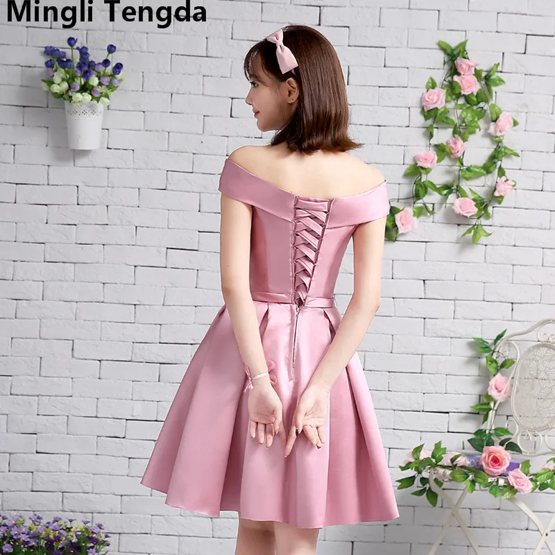 Mingli Tengda ピンク花嫁介添人ドレスショートボートネック花嫁介添人ドレスプラスサイズ新しいウェディングパーティーウエディングドレス格安卸売