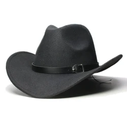 Sombrero de vaquero de ala ancha para hombre y mujer, gorra de lana estilo vaquero, estilo Vintage, con lazo, banda de cuero negro, 61/57/54cm, Invierno