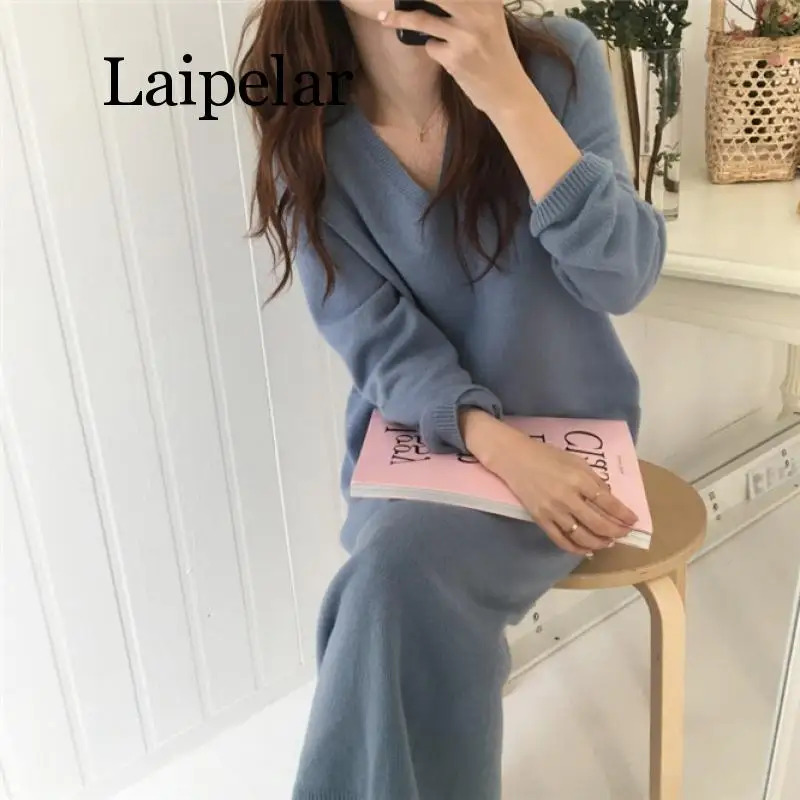 Laipelar 2021 Women's Knitted Sweater Sexy Extra Size Maxi Dress Casual Shirt Dress Fat Sister Loose