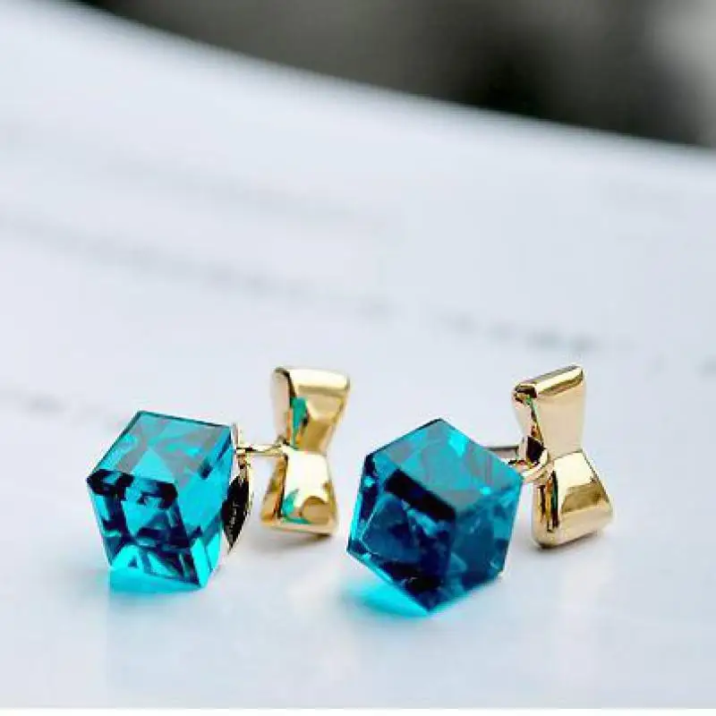 Pendientes cuadrados con lazo de cristal azul para mujer, aretes a la moda y exquisitos, venta al por mayor