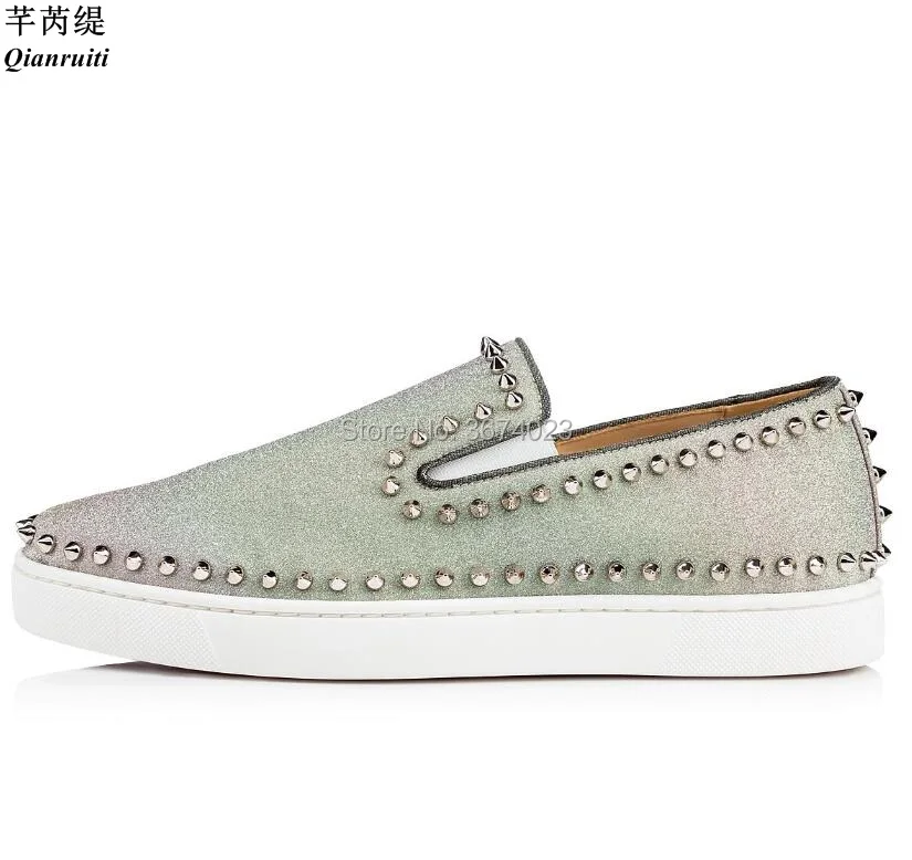 Qianruiti Fashion Men Shimmer Glitter Flats Spikes Studs Loafers Slip-on Boat Rubber Sole Sneakers Men Casual Shoes