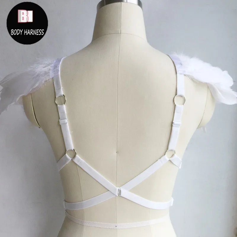 white wings Elastic black body harness feather shrug harness cage bra epaulets Edgy fashion body harness cage bra shoulder