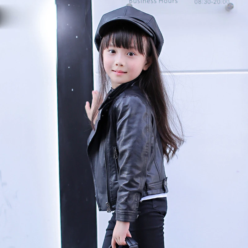 New Autumn Girls Jacket pu Leather Zipper Jacket For Girls 3-12Yrs Fashion Solid Leather Coat Children Clothing Outerwear
