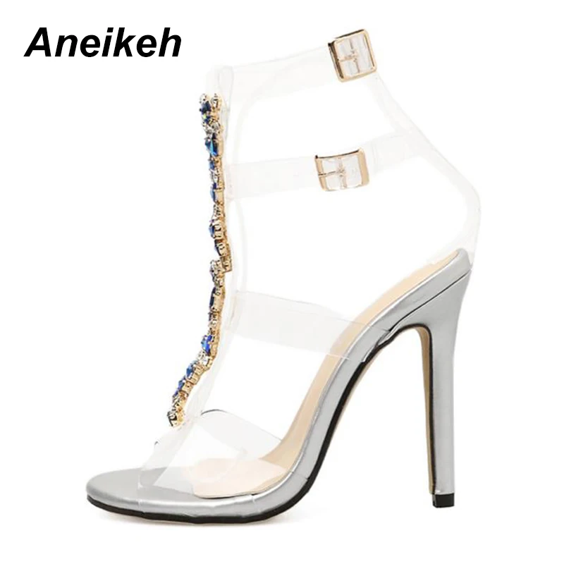 Aneikeh New Summer sandals women Buckle Strap Luxurious Blue Crystal Chain Transparent PVC High Heel Open Toe Sexy Sandals Shoes