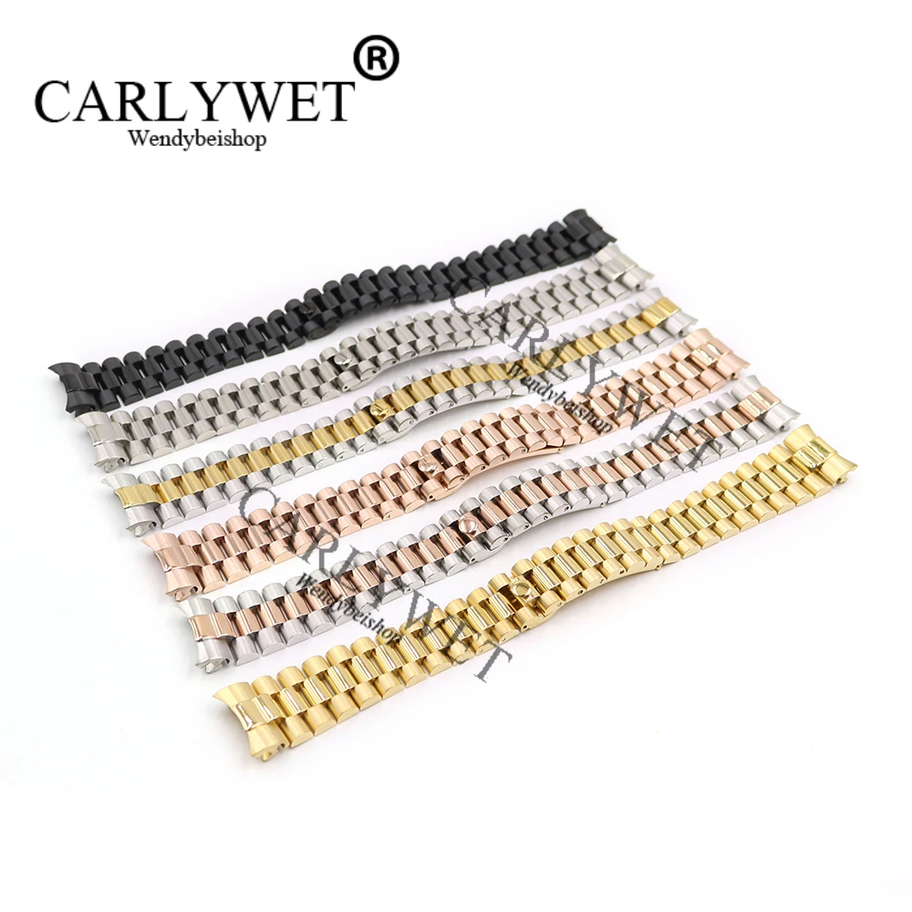 CARLYWET 20mm Silver Black Middle Gold Solid Curved End Screw Link Stainless Steel Wrist Watch Band Bracelet For President