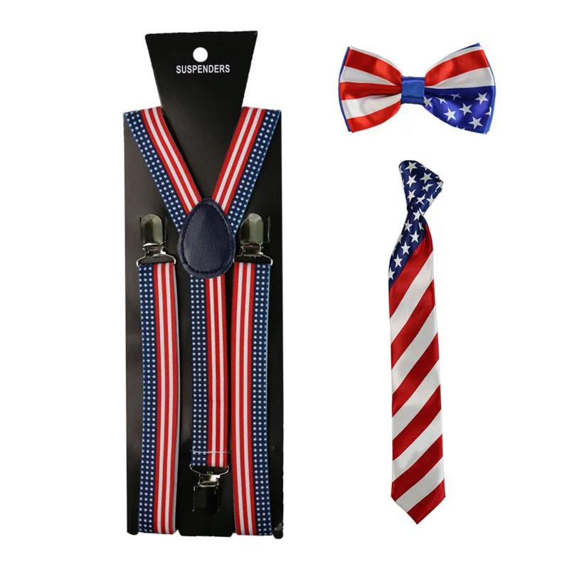 Fashion America Flag Pattern Suspenders Necktie And Bowtie Set Clip-on Elastic Y-Shape Back Braces Suspenders For Women Men